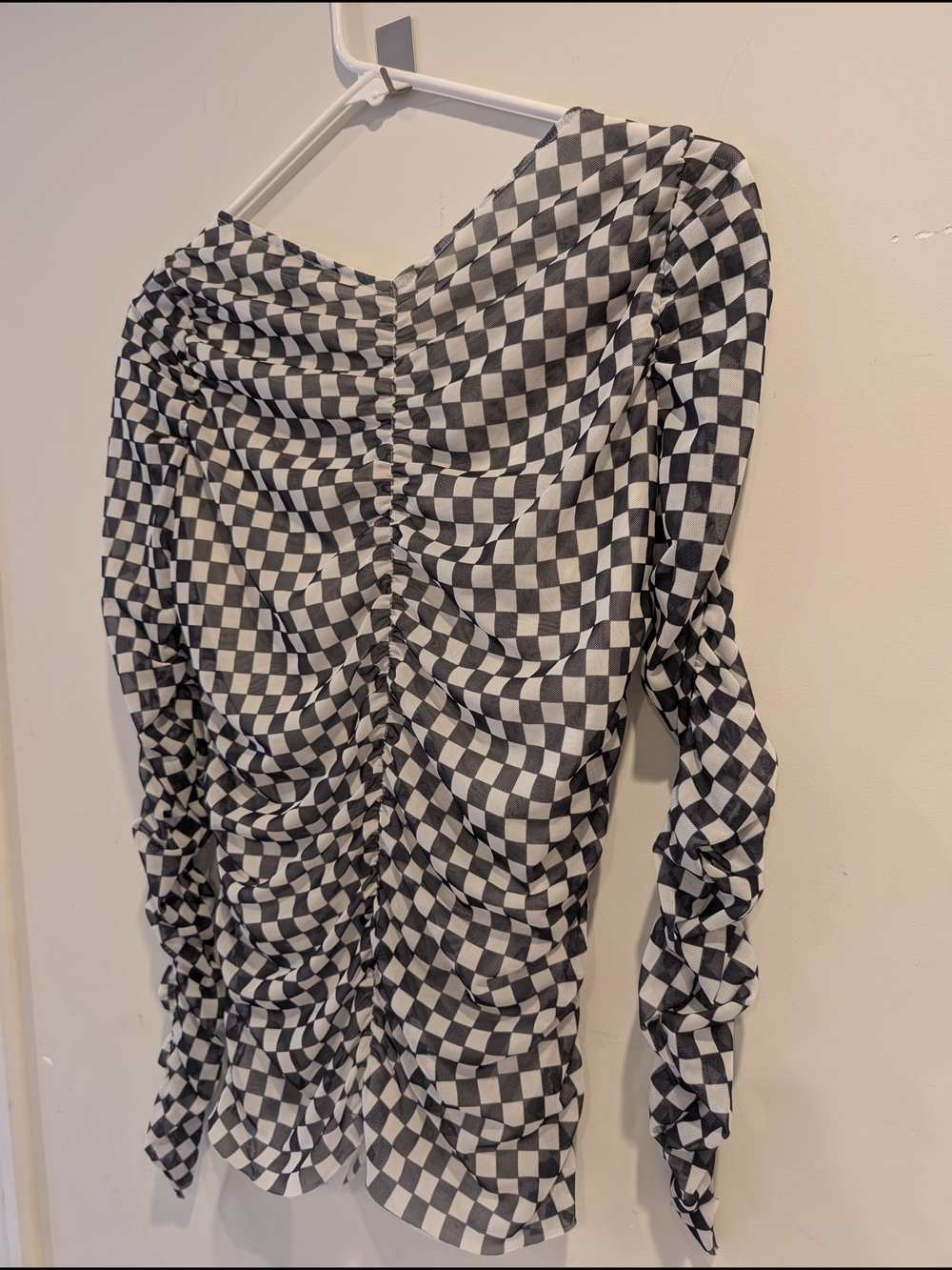 Baum Und Pferdgarten Black White Checkered Long Sleeve Ruched Top S